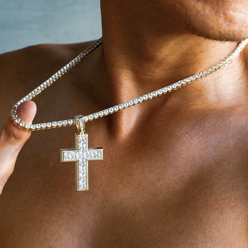 14K Gold Iced Out Cross Pendant