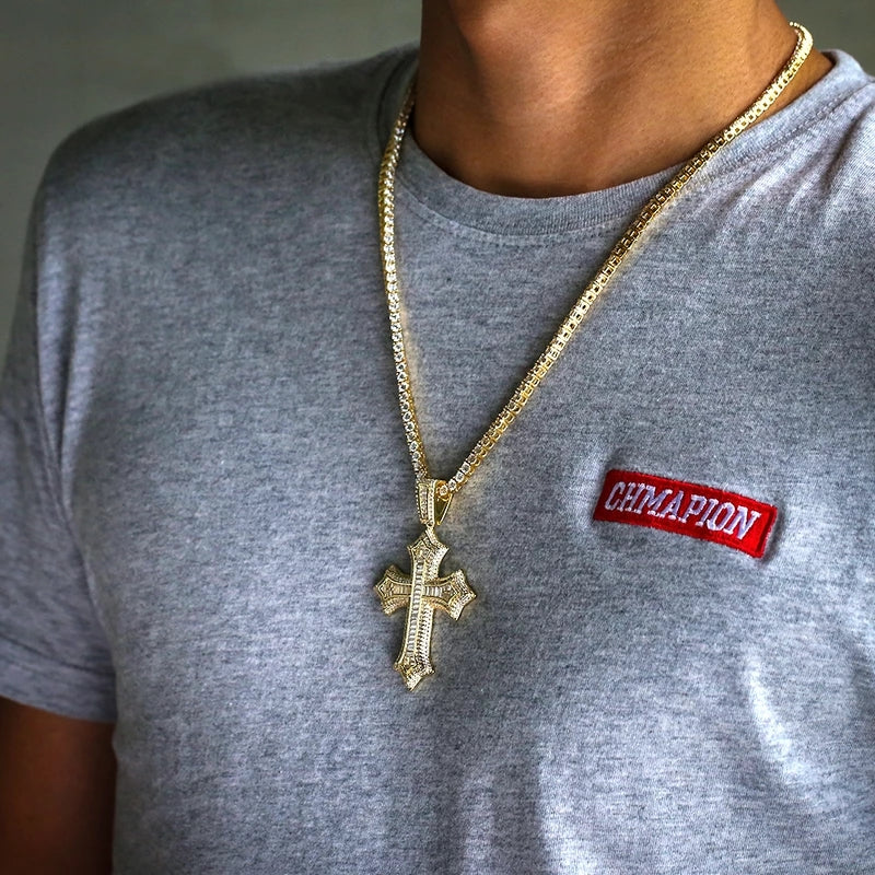 Baguette Diamond Iced Out 14K Gold Plated Cross Pendant