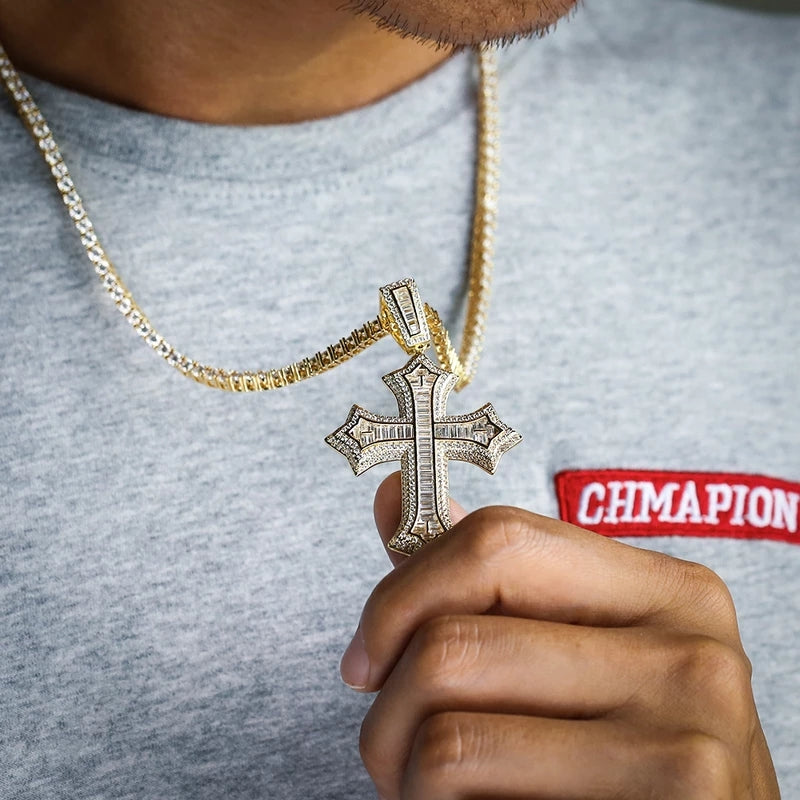 Baguette Diamond Iced Out 14K Gold Plated Cross Pendant
