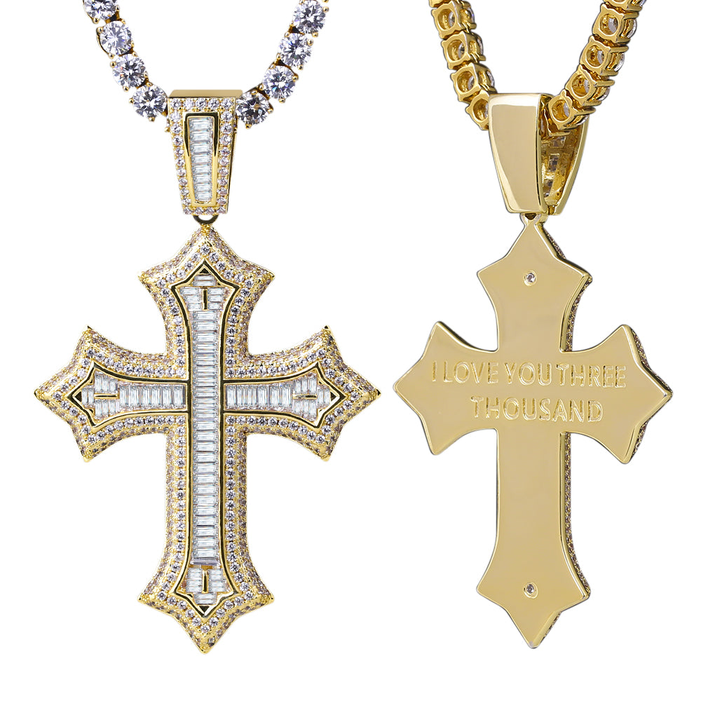 Baguette Diamond Iced Out 14K Gold Plated Cross Pendant