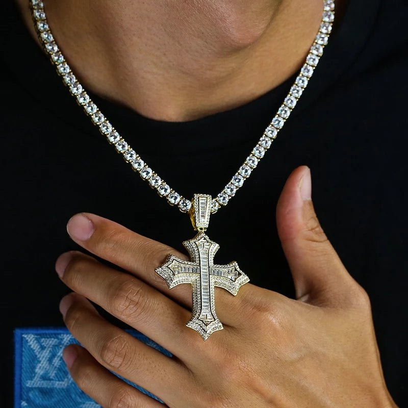 Baguette Diamond Iced Out 14K Gold Plated Cross Pendant