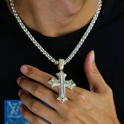 Baguette Diamond Iced Out 14K Gold Plated Cross Pendant