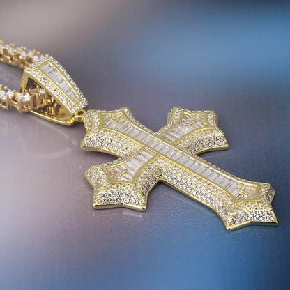 Baguette Diamond Iced Out 14K Gold Plated Cross Pendant