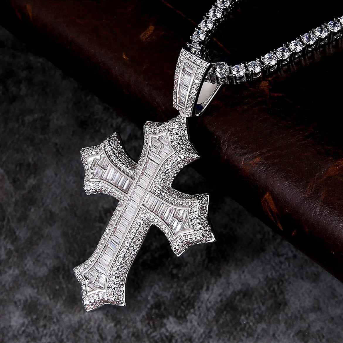 Baguette Diamond Iced Out 14K Gold Plated Cross Pendant