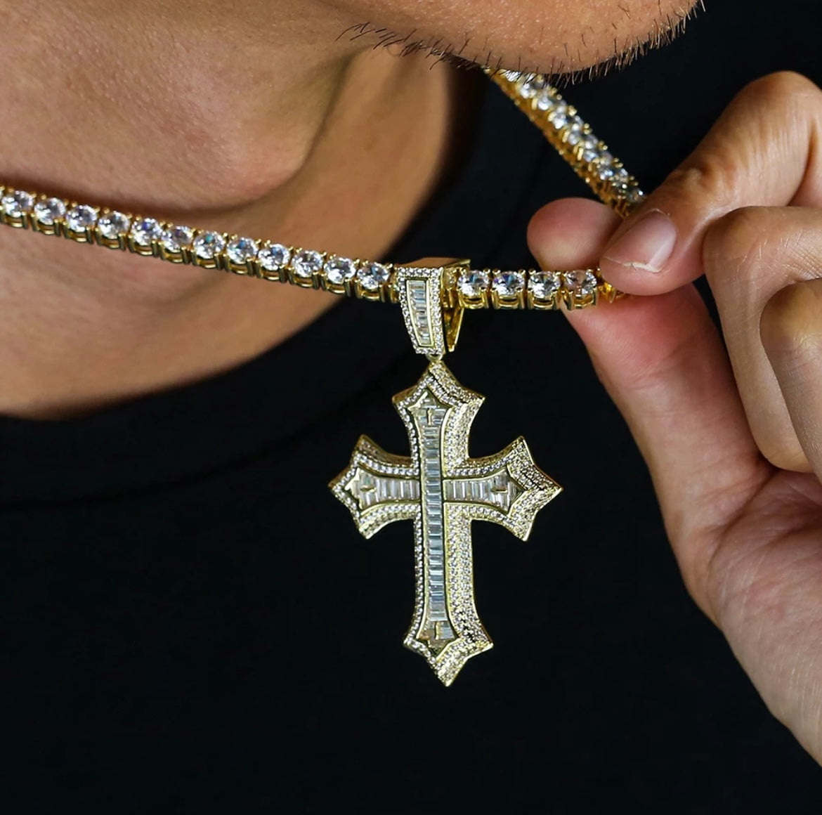 Baguette Diamond Iced Out 14K Gold Plated Cross Pendant