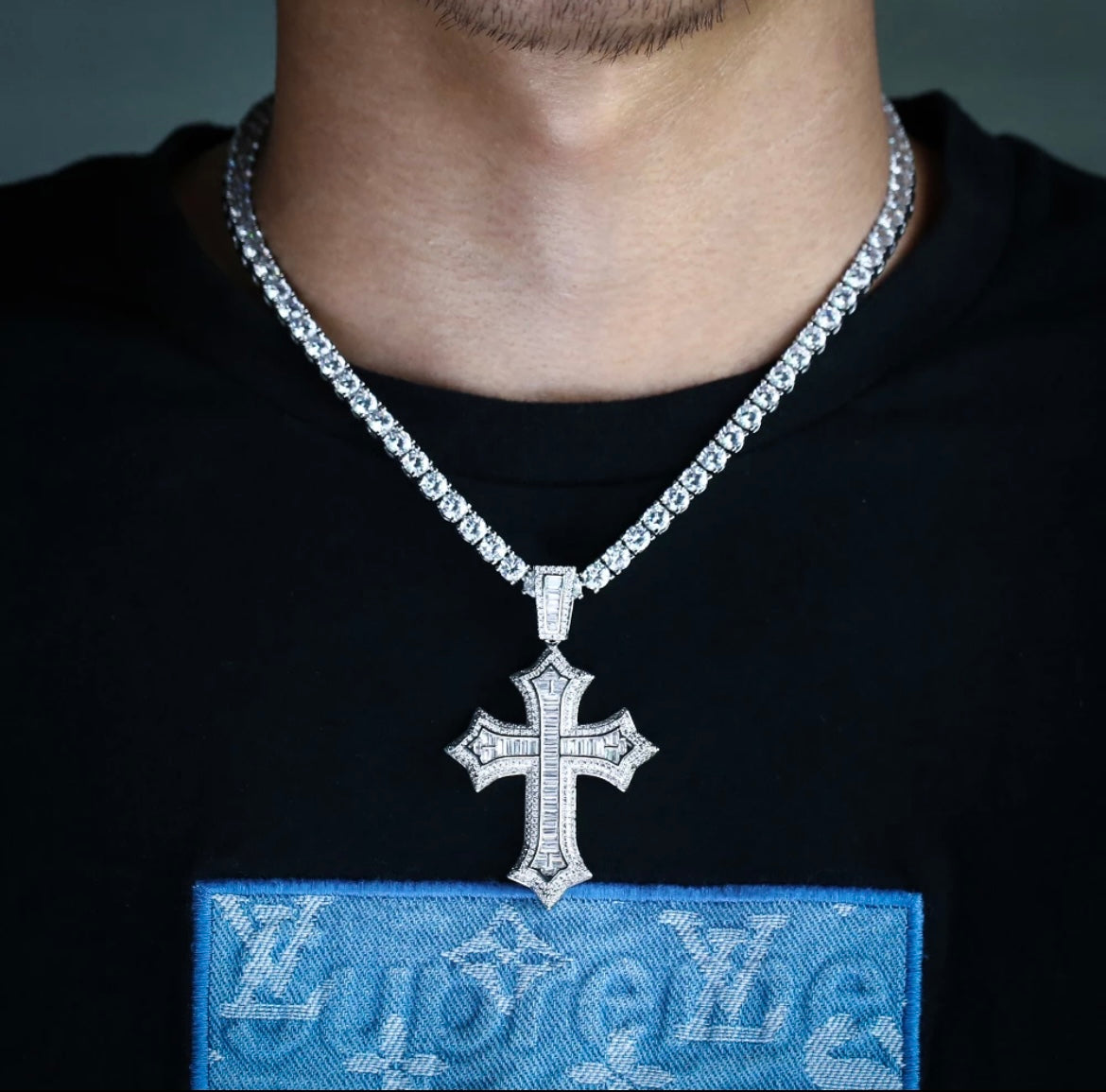 Baguette Diamond Iced Out 14K Gold Plated Cross Pendant